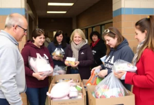 Volunteers collecting donations for the Thanksgiving turkey drive