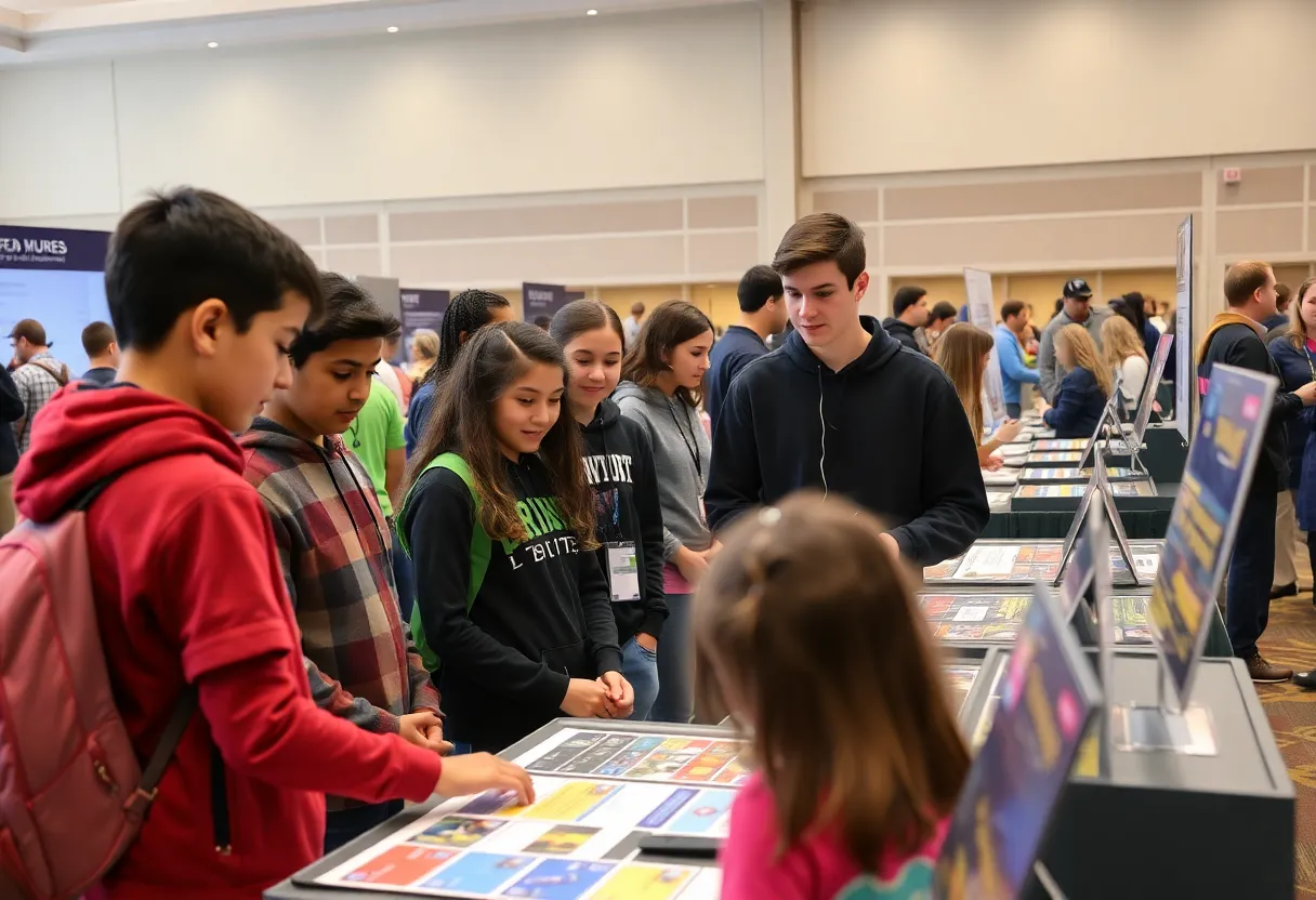 Students engaging with hands-on exhibits at a career exploration event.