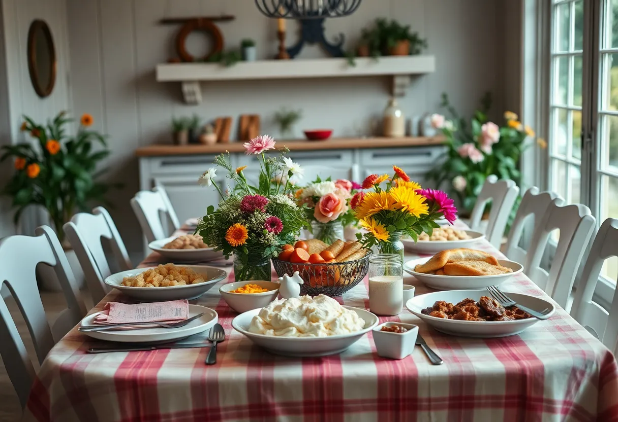 A cozy family gathering with Southern dishes and flowers