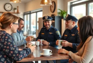 Police officers serving coffee to community members at the Coffee with a Cop event.