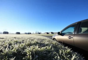 Frosty morning in Kentucky showing frozen grass and windshields