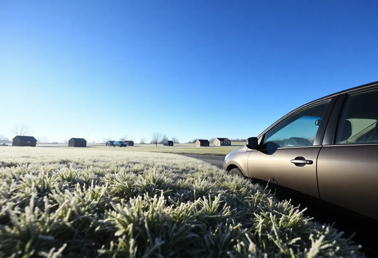Frosty morning in Kentucky showing frozen grass and windshields