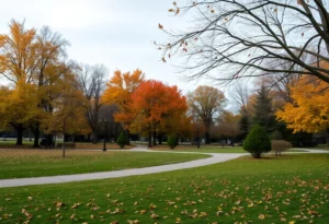 A peaceful park scene with autumn leaves, symbolizing community remembrance.