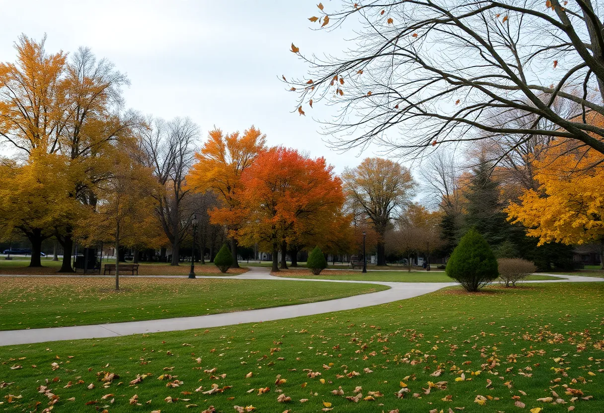 A peaceful park scene with autumn leaves, symbolizing community remembrance.