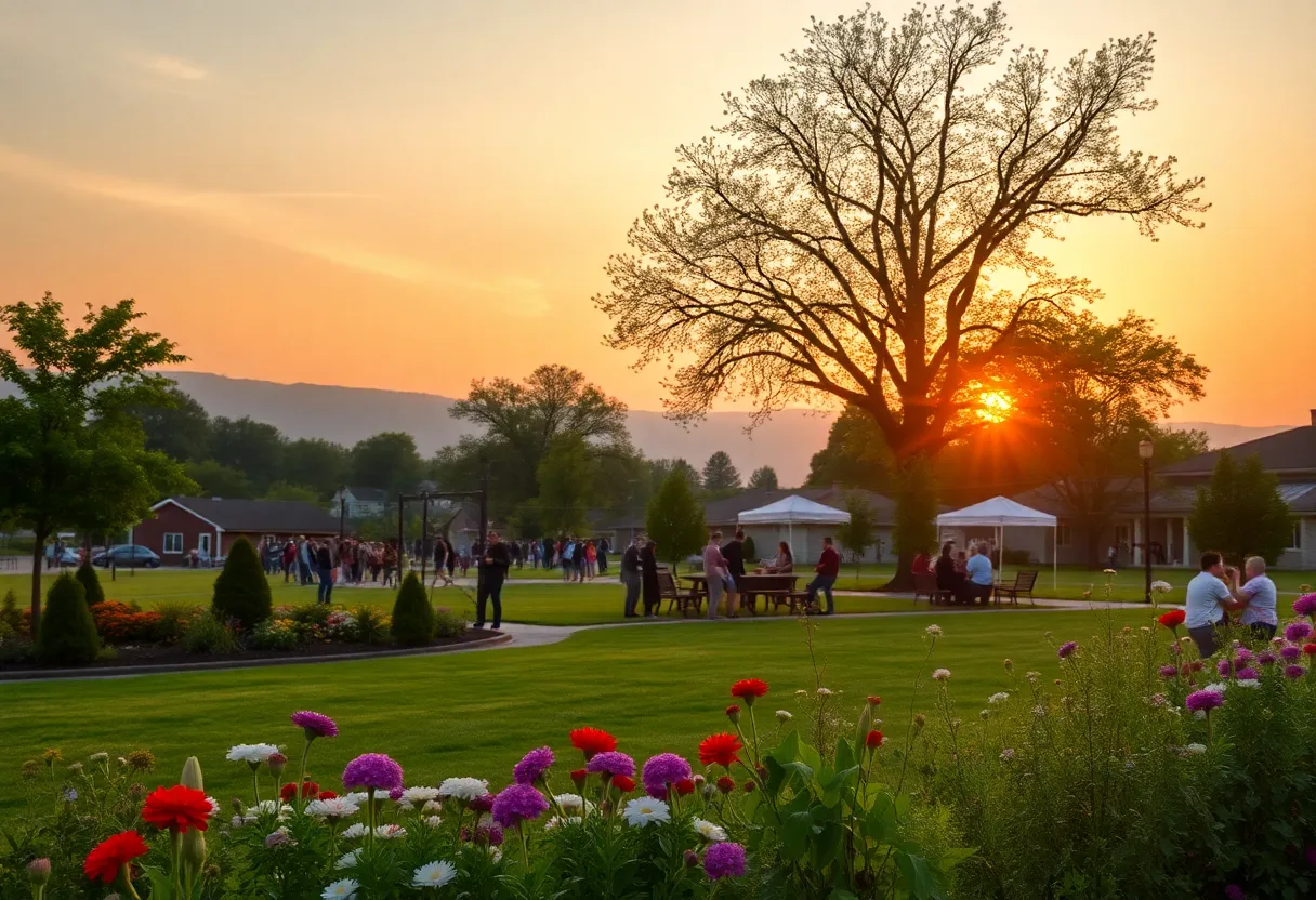 A peaceful community gathering area adorned with flowers and trees.