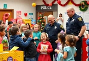 Children and police officers at a community support event in Bowling Green