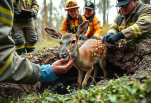 A young deer being rescued from a sinkhole in Bowling Green, Kentucky.