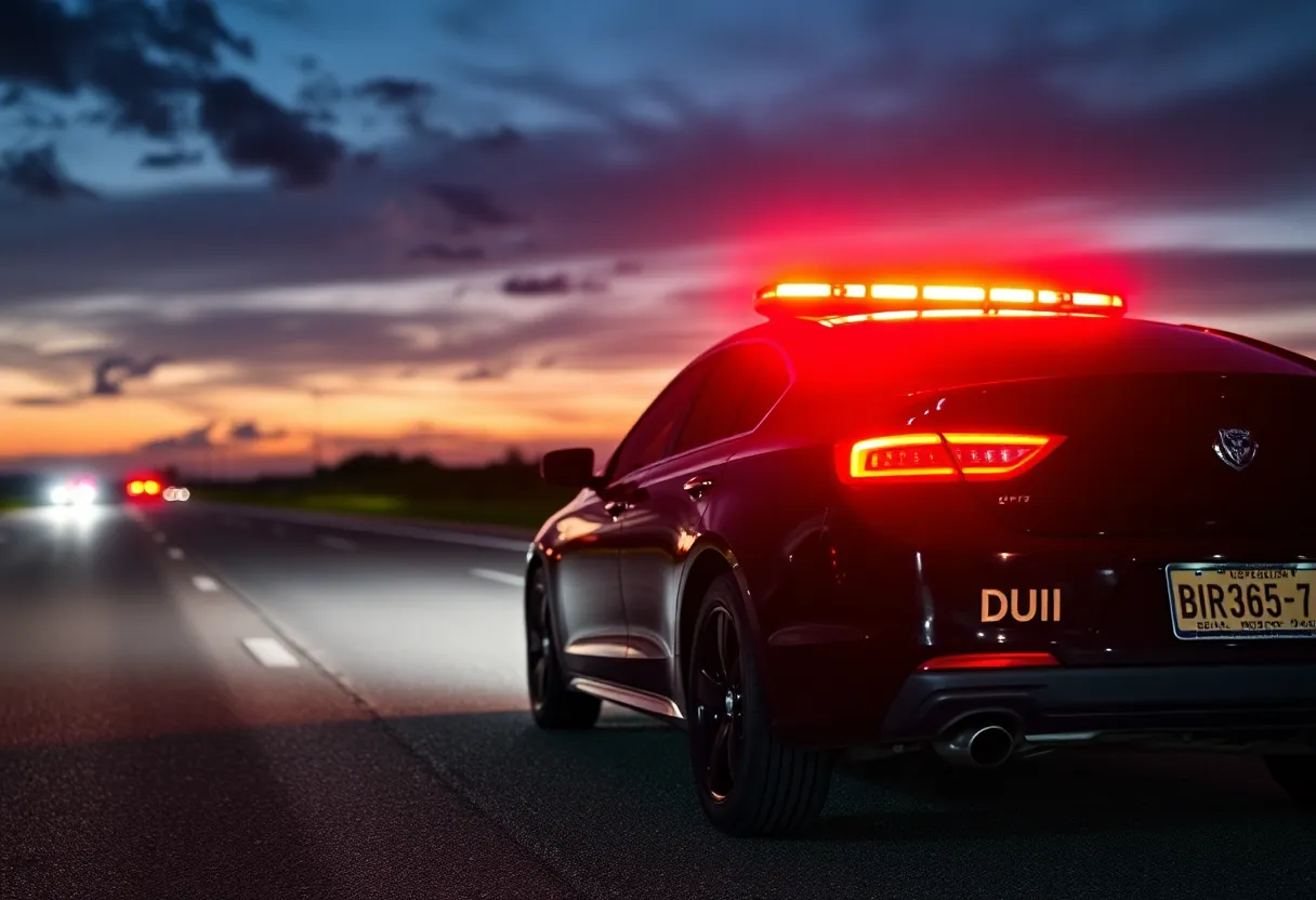 Police car at night with flashing lights