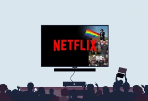 Conceptual image of a Netflix screen showing LGBTQ+ themes amidst protest signs.
