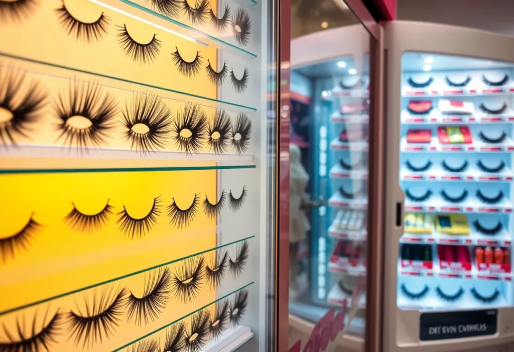 Variety of eyelash products showcased in a beauty retail setting
