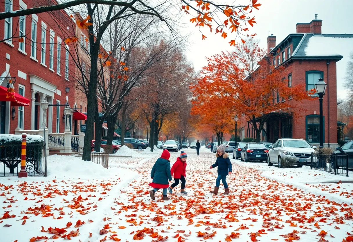 Children playing in light snow in Lexington