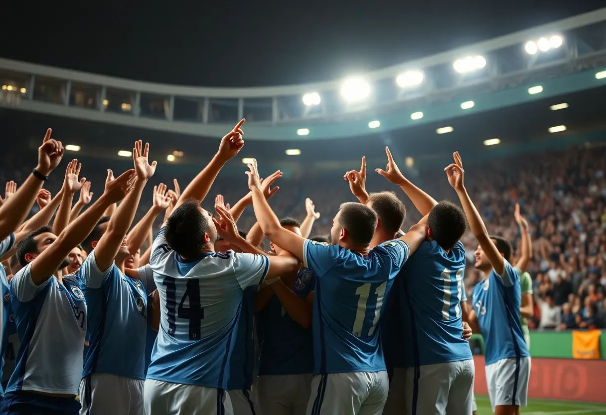 Florida International University football team celebrating a victory