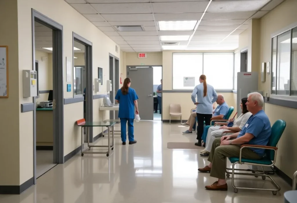 Busy Graves Gilbert Clinic in Kentucky showing healthcare professionals assisting patients.