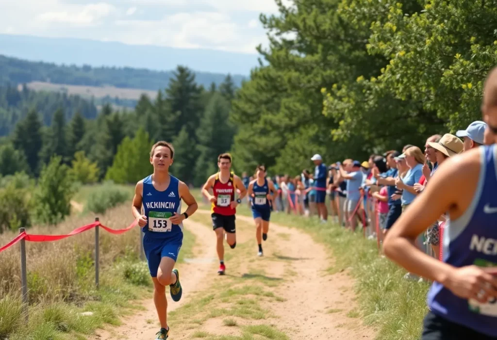 Runners competing in a cross country race at the Region 2 Championships.