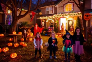 A haunted yard setup with Halloween decorations and children in costumes enjoying the attraction.