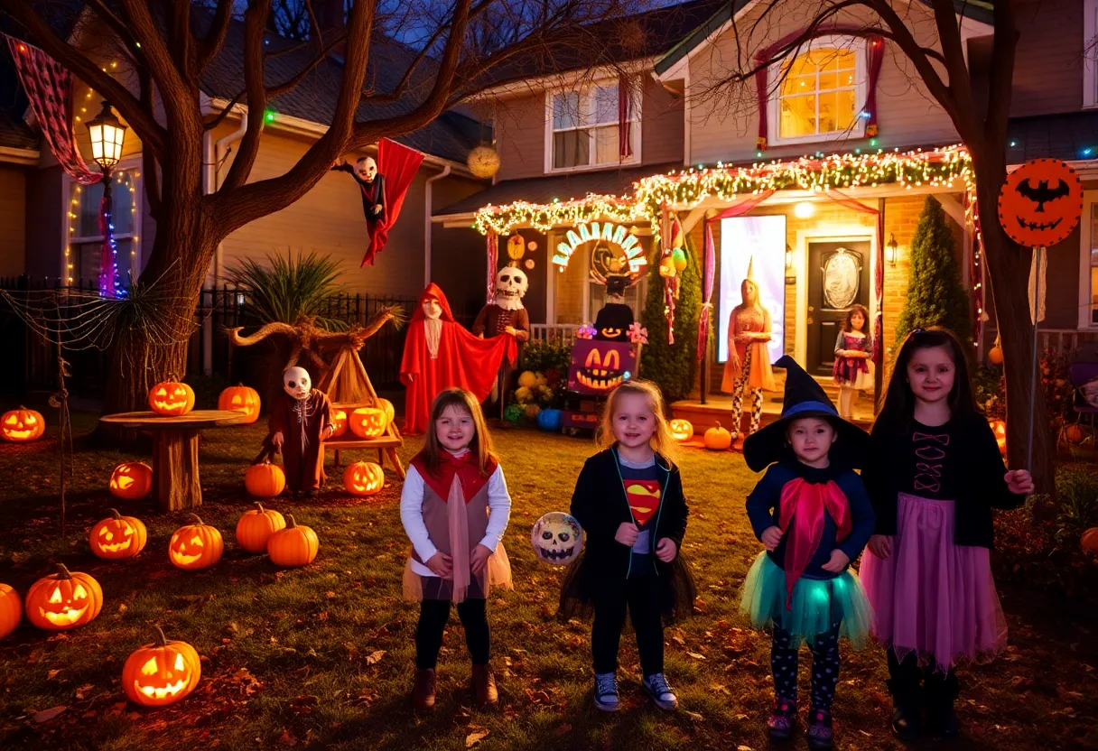 A haunted yard setup with Halloween decorations and children in costumes enjoying the attraction.
