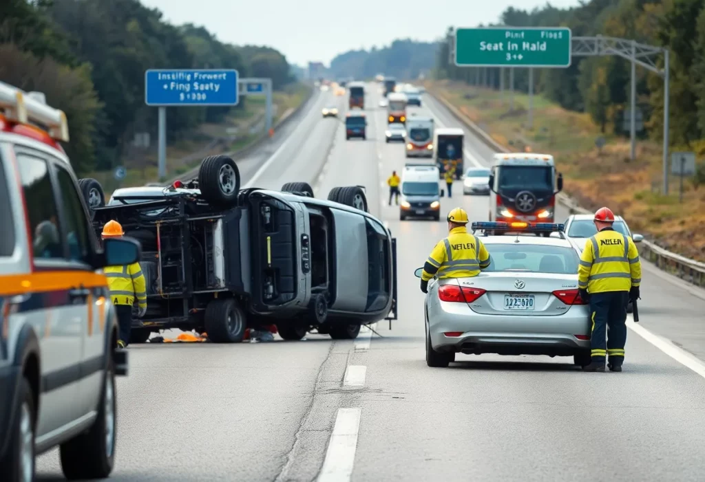 Emergency responders at the scene of a rollover crash on I-165