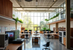 HERE Product Spotlight A rendering of the IMPACT Center building with green spaces and technology-based environments.