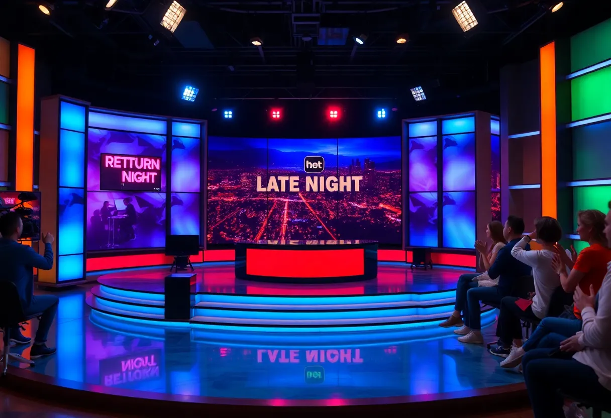 The set of a late-night show with colorful lights and an engaged audience.