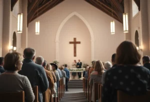 Gathering of family and friends in a church setting for a memorial service