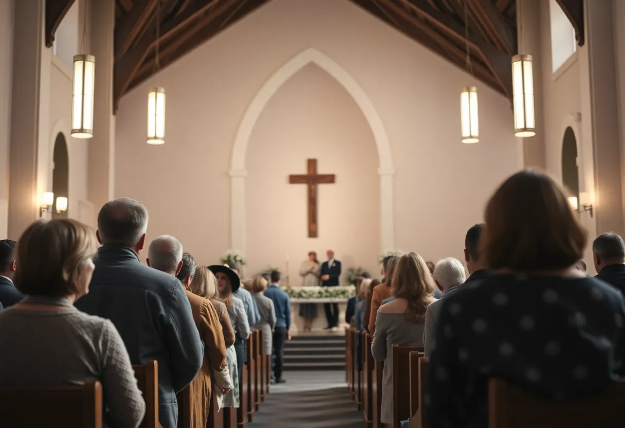 Gathering of family and friends in a church setting for a memorial service