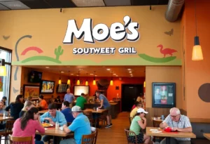 Interior view of Moe's Southwest Grill filled with customers