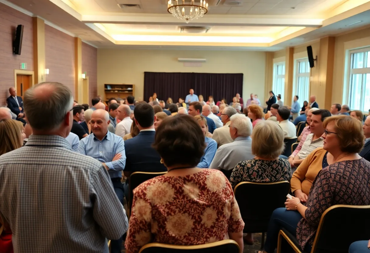 Community members engaged in a town hall meeting discussing economic growth