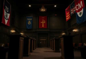 Historic Oxford Union debating society, empty podiums