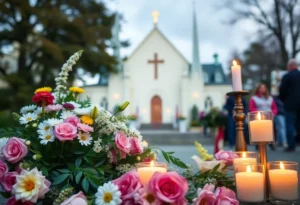 Memorial scene with flowers and candles at a church
