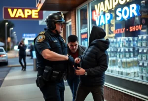 Police officers making an arrest outside a vape shop