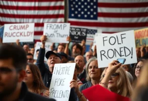 Crowd at a political rally showing diverse opinions with signs reflecting concern over political violence.