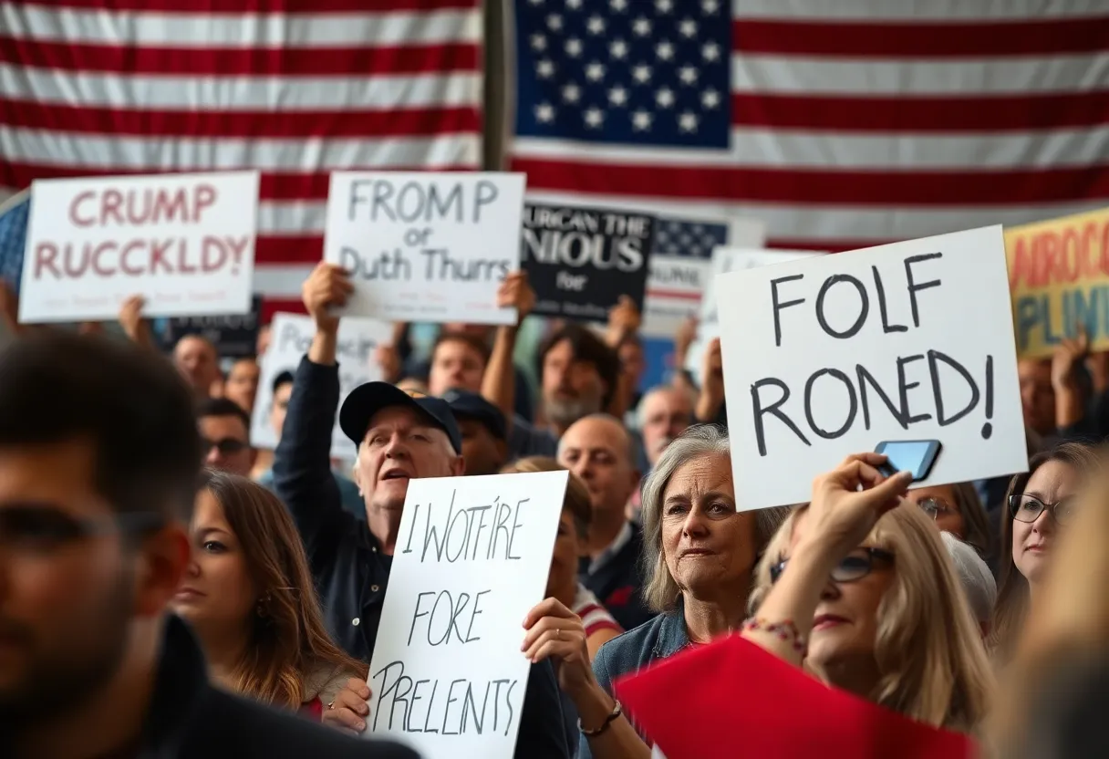 Crowd at a political rally showing diverse opinions with signs reflecting concern over political violence.