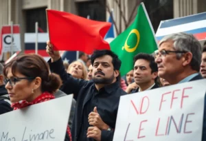 Depiction of a tense political atmosphere with divided crowds.