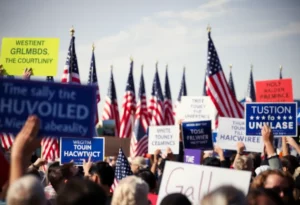 Political rally with flags and signs representing different movements.