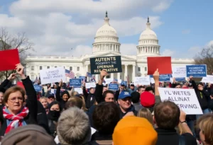 Political rally depicting supporters and dissenters in a tense atmosphere
