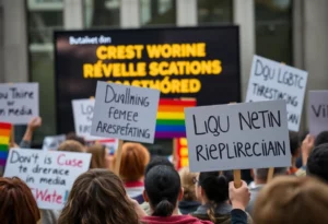 Protest scene discussing LGBTQ+ content in media.