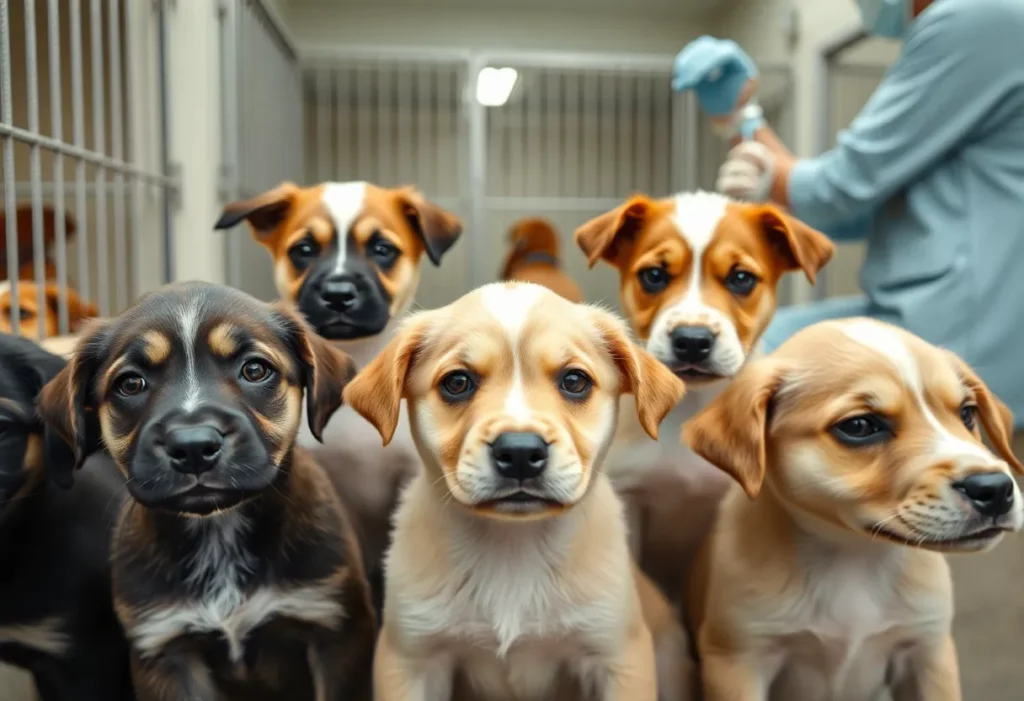 Puppies looking concerned in an animal shelter