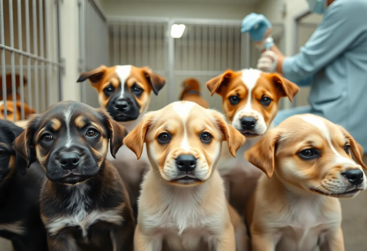 Puppies looking concerned in an animal shelter