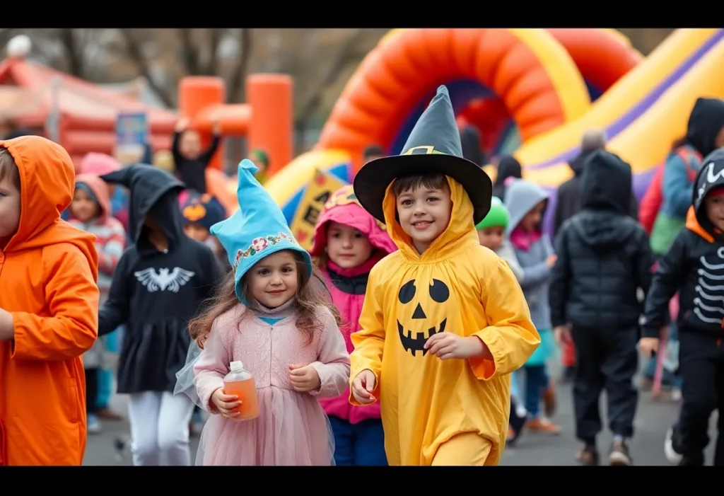 Children enjoying the Scare on the Square event with costumes and inflatables.