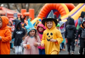 Children enjoying the Scare on the Square event with costumes and inflatables.
