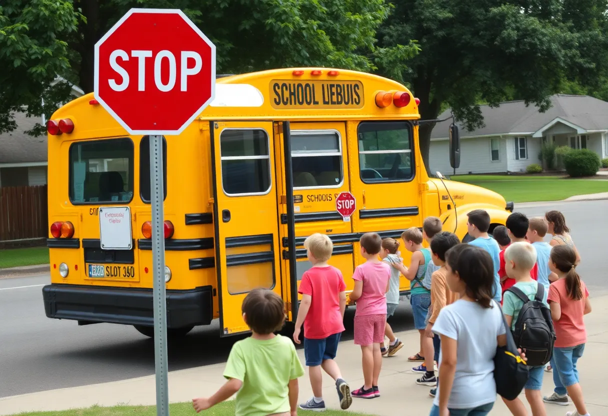 Children boarding a stopped school bus with safety measures in place