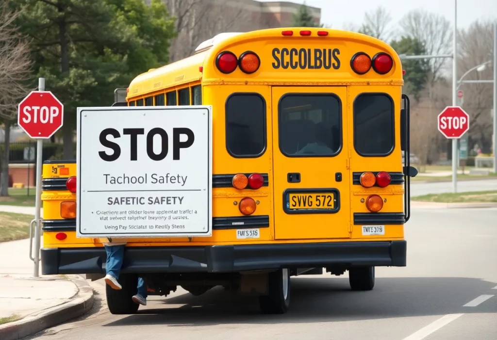 A school bus with stop arm extended while children board safely