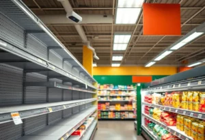 Empty grocery store shelves due to theft.
