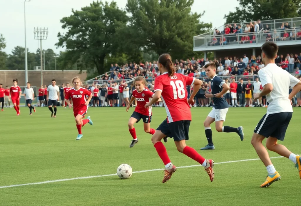 Players from St. Xavier and Bowling Green competing in a high school soccer match.