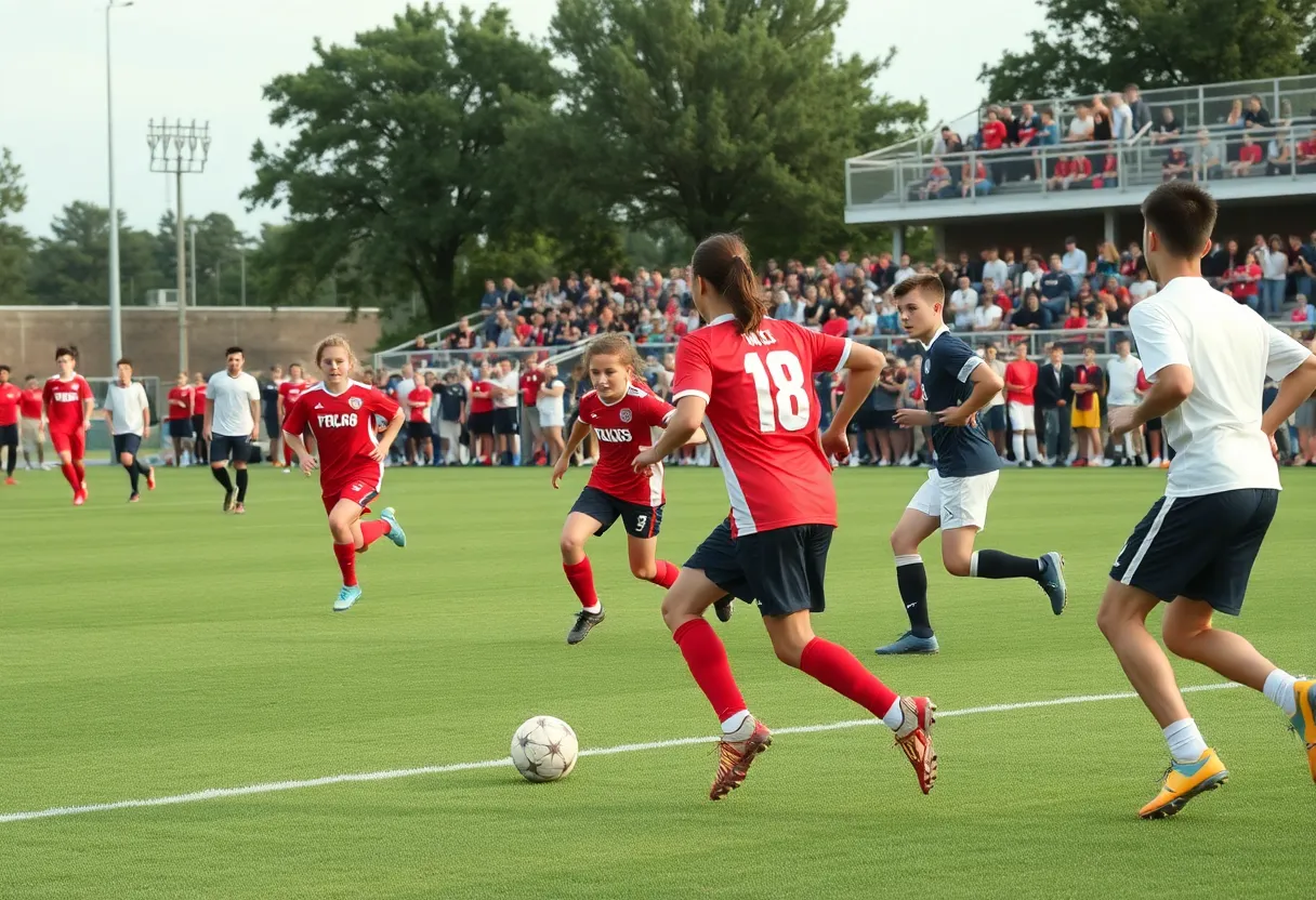 Players from St. Xavier and Bowling Green competing in a high school soccer match.