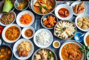 An assortment of traditional Thai dishes prepared at a cooking class.