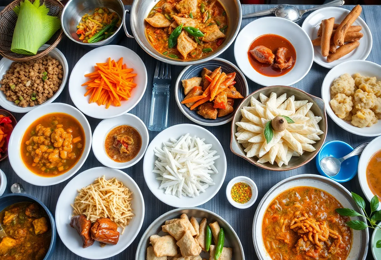An assortment of traditional Thai dishes prepared at a cooking class.
