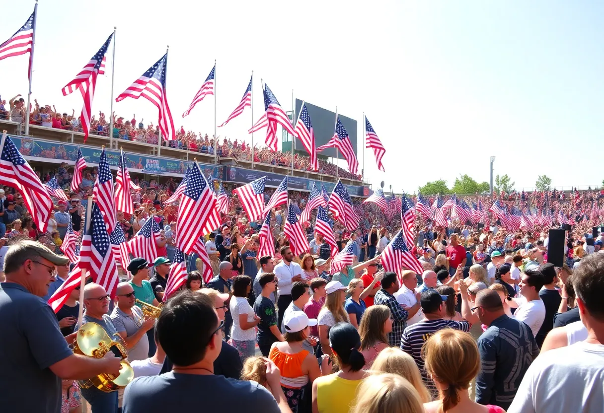 A crowd at the All American Halftime Show by Turning Point USA, waving flags and enjoying the music.