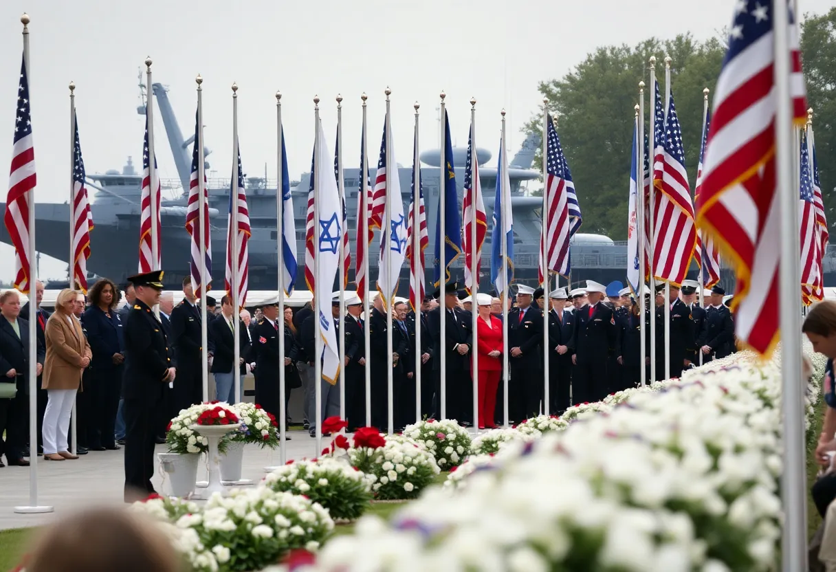 Memorial service for USS Cole bombing victims with attendees paying respects.