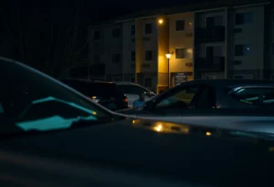 Broken car window in a parking lot at night.
